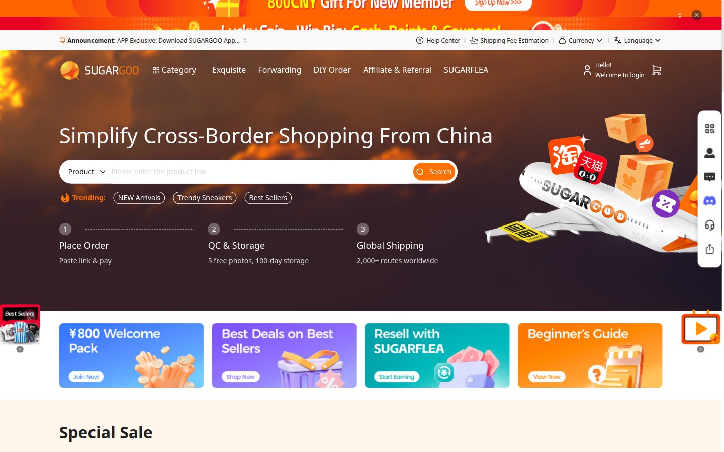 Officiële SugarGoo-homepage: oranje wordmark, plakbalk en drie stappen Place Orders, Submit Parcels, Sign Delivery